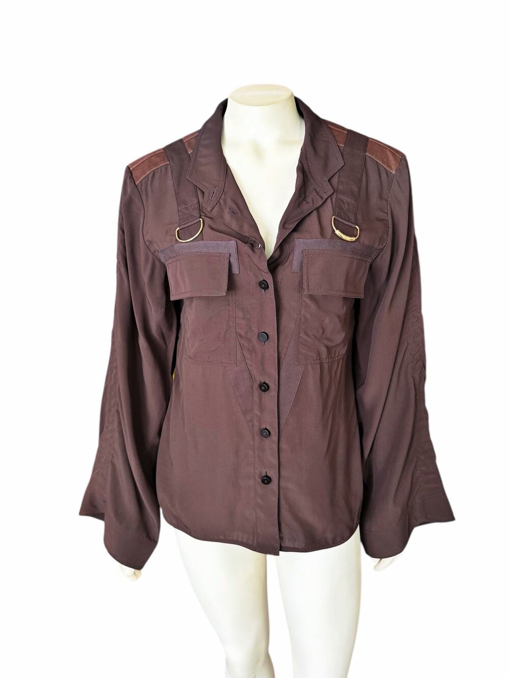 Chloe Utility Blouse Button Down Top Off Brown Gold Size 40